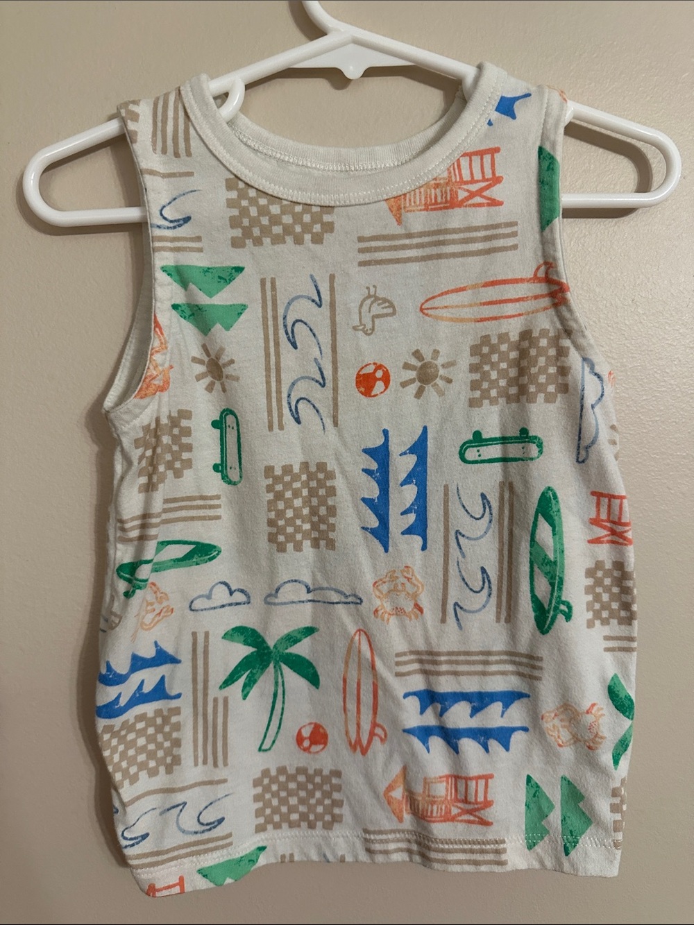 Cat & Jack White Tank Top with Green, Blue and Orange Beach Motifs